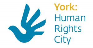 Text: York Human Rights City. Illustration of a dove that has four wings spread so the image also looks like a waving hand.