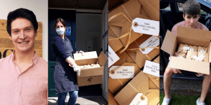 Images Left to Right: Ashley from York Cocoa House, Chocolate being delivered to The Supper Collective, Chocolates and volunteer Louis delivering the chocolates