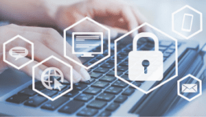 Picture of hands on a compute keyboard with icons laid on top of the image - each icon is within a hexagon and includes: a speech mark, a world wide web icon, a desktop screen, a padlock, a letter icon and a mobile phone icon.