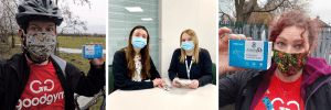 Three seperate image on one - left - volunteer with bike helmet on and face mask holding up a oximeter. Centre - two Nimbuscare employees are demonstrating how to use the oximeter. Left - Volunteer with a face mask on holding an oximeter.