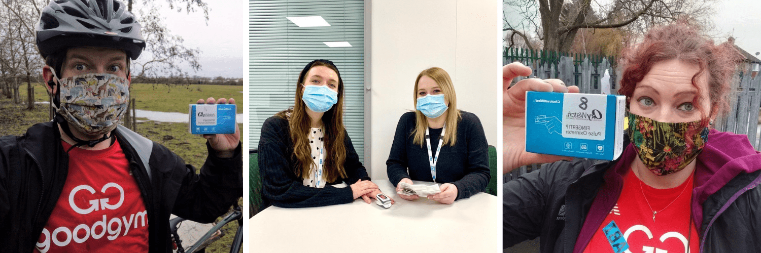 SPA HUB Image Three seperate image on one - left - volunteer with bike helmet on and face mask holding up a oximeter. Centre - two Nimbuscare employees are demonstrating how to use the oximeter. Left - Volunteer with a face mask on holding an oximeter.