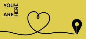 Text: You Are Here. solid line which then loops to make a heart shape and ends with a place marker