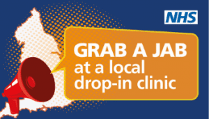 Image: Illustration of England with a megaphone and a large speech bubble that contains the words: GRAB A JAB at a local drop-in clinic. NHS