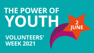 Blnk background with text: The Power of Youth, Volunteers' Week 2021 - Shooting star illustration with the date 2 June in the star