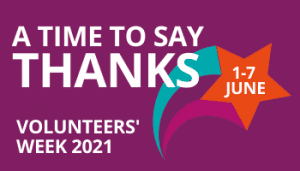 A time to say thanks Volunteers' Week 2021. Illustration of a shooting star with the date 1-7 June in the star