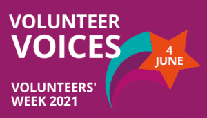 Blank background. Text reads Volunteer voices, Volunteers' Week 2021. Illustration of a shooting star with the date 4 June in the star.