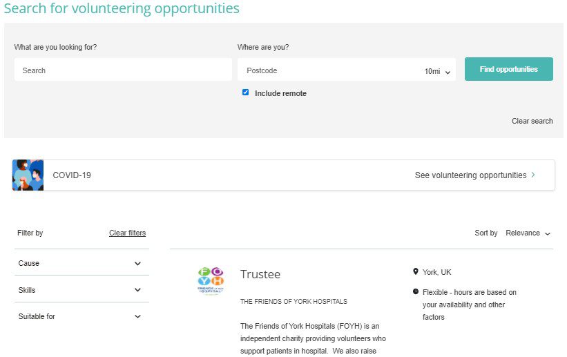 Volunteer Opportunities Page Screenshot A screenshot of York CVS and York Volunteers' Volunteer Opportunities web page