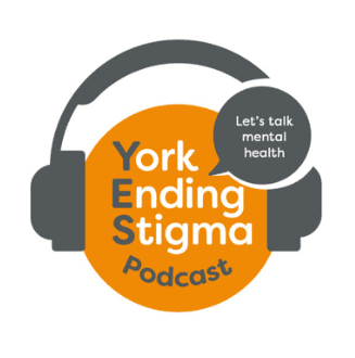YES Podcast Logo York Ending Stigma Orange Logo with grey headphones and speech bubble saying let's talk mental health.