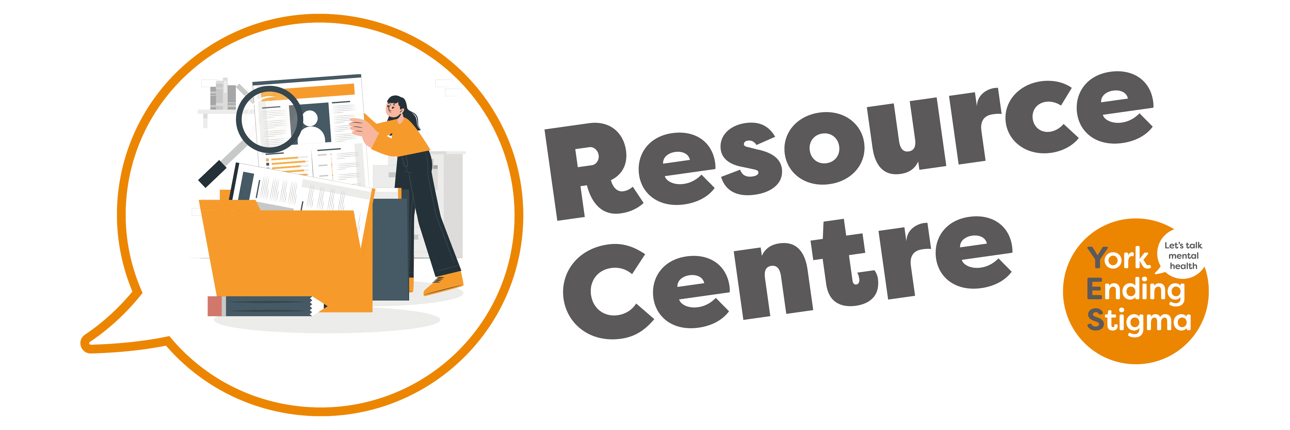 A graphic to represent a collection of resources with a person lifting out resources from a folder. The text reads Resource Centre and the York Ending Stigma logo is in the bottom right hand corner.