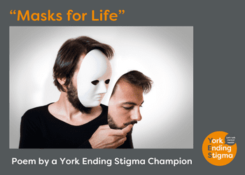 Masks for Life Poem Image Photograph of a man with an all white mask covering his face and in his hand he is holding a mask which has the real image of his face on it.
