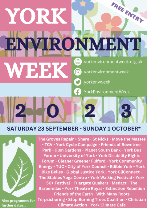 A poster to promote the York Environment Week using illustrations of flowers and using a pink, blue and green colour pallette.