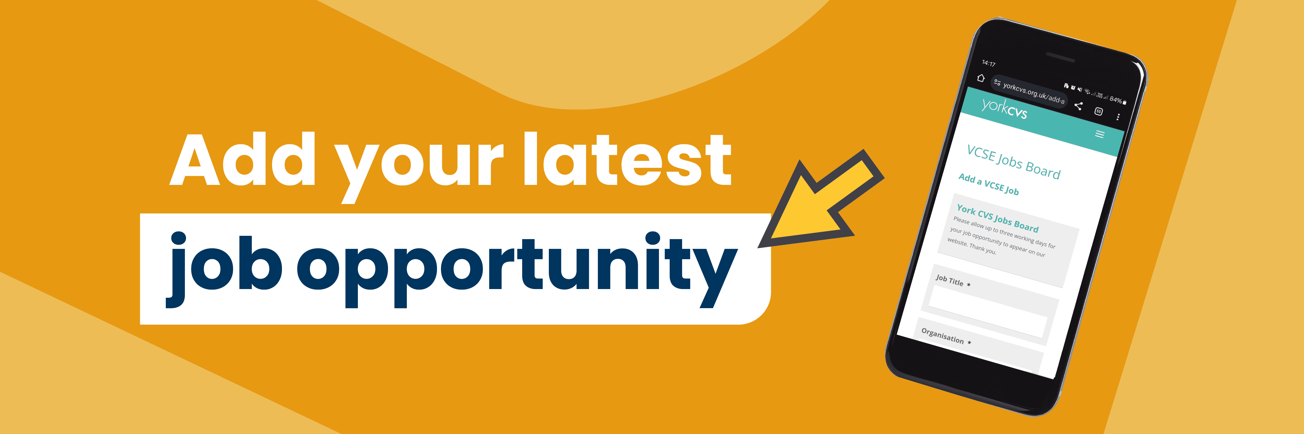 Image shows a mobile phone with the jobs form webpage displayed. The text reads Add your latest job opportunity