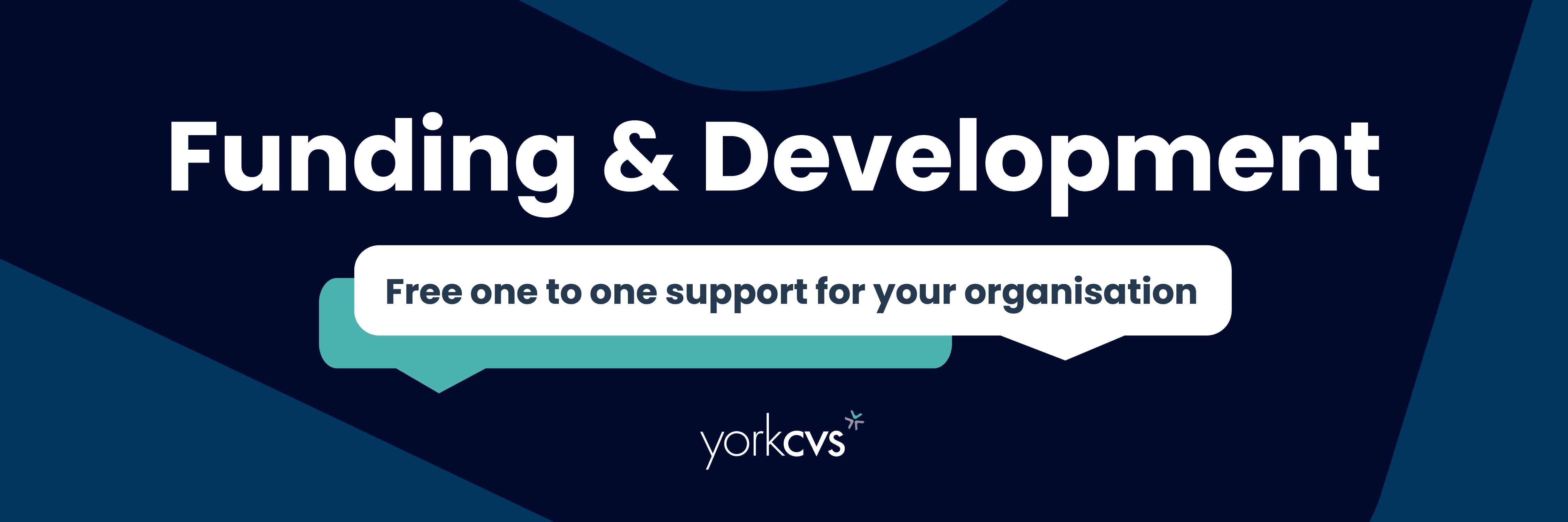 Website Headers Funding & Development Text reads, Funding and Development free one to one support for your organisation