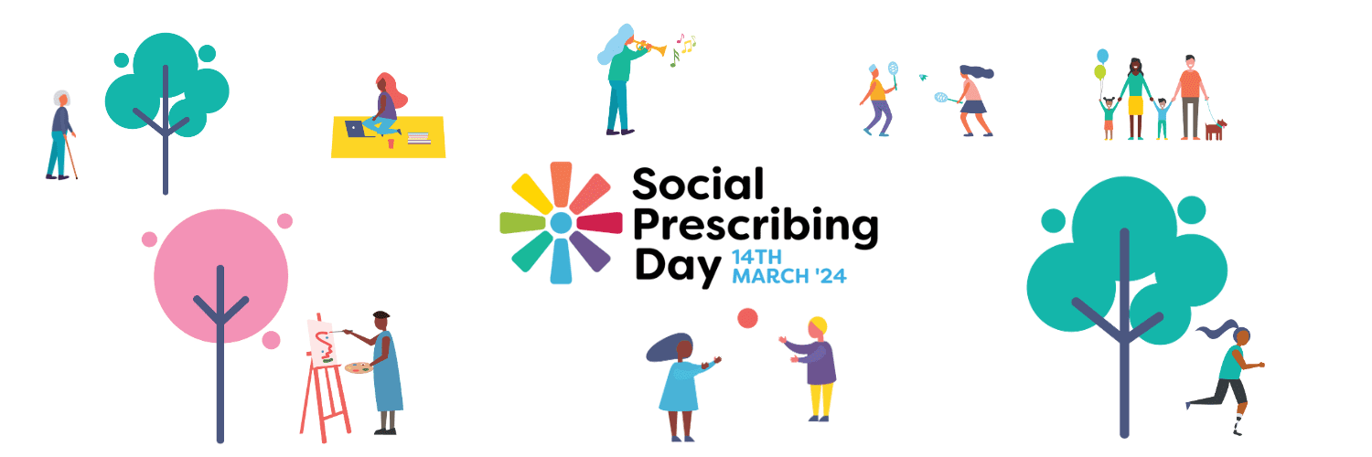 Twitter header Illustrations of nature and people doing different activities including painting, walking, tennis and running. Text reads Social Prescribing Day 14th March 24