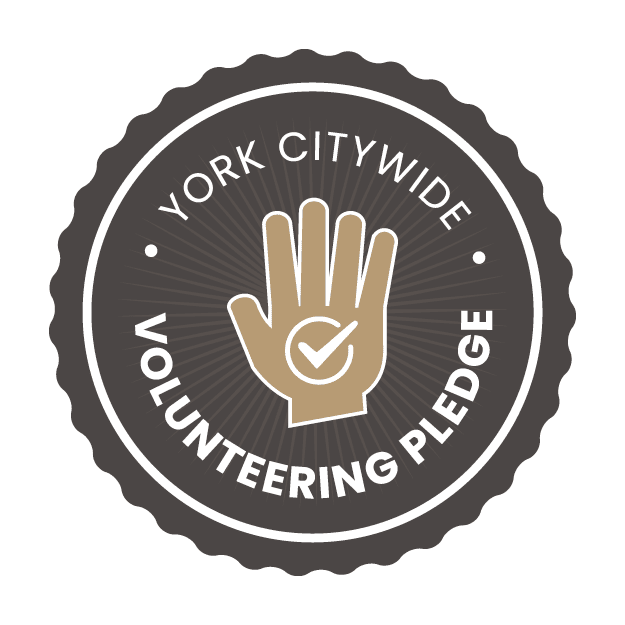 This image shows the York Cotywide Volunteering Pledge badge the badge shows a hand with a tick in the centre.