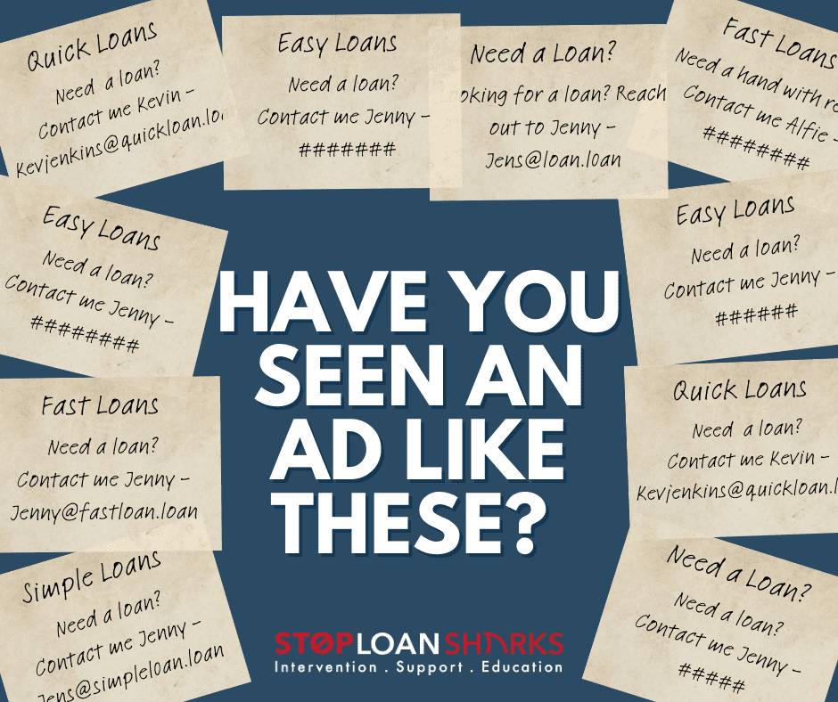 POSTCARD CAMPAIGN social media 5 (1) Image shows post-it notes with words written like. Easy loans, Need a loan? In the centre of the image the text reads: Have you seen an ad like these? Stop. Loan. Sharks.