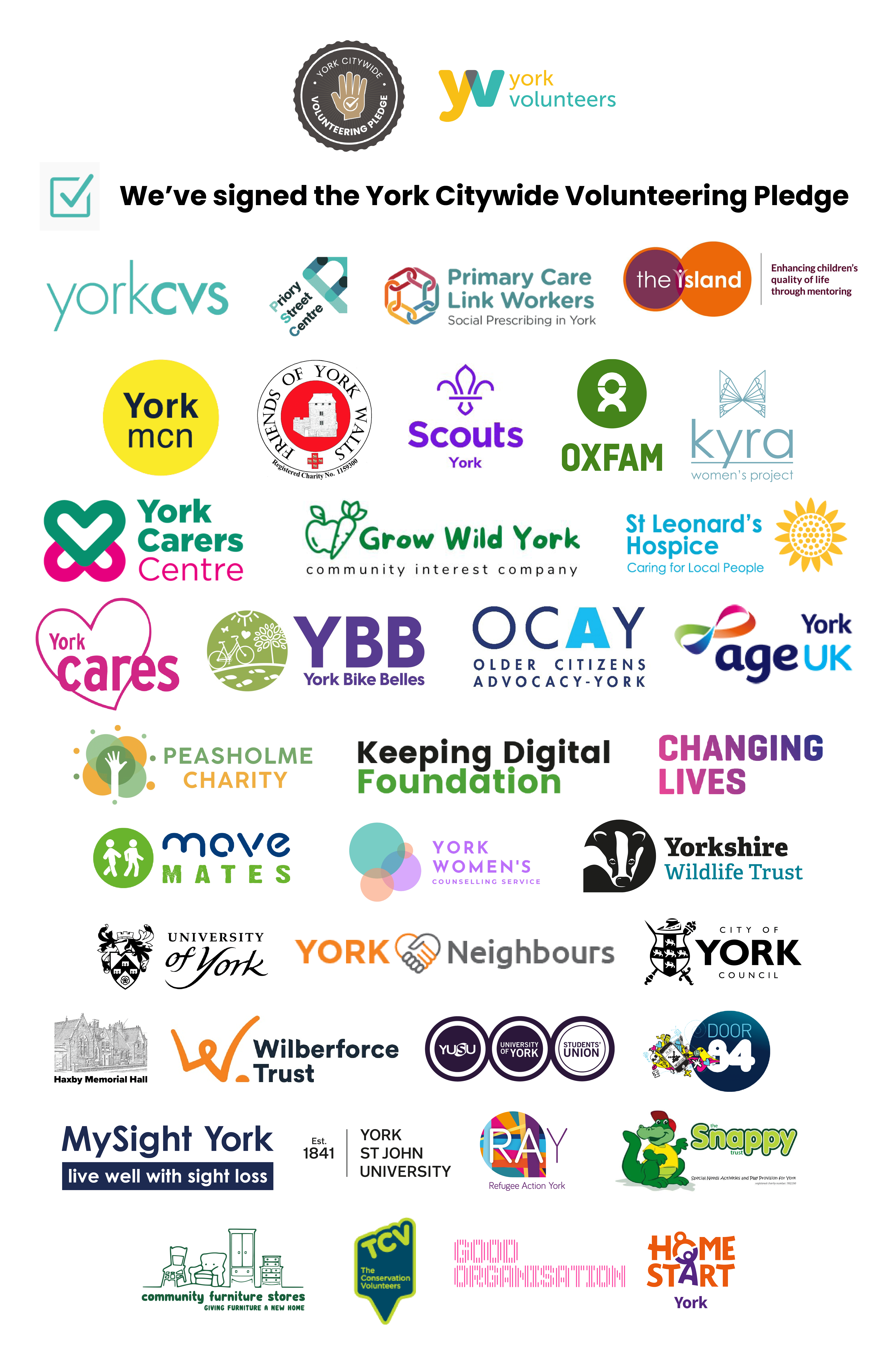 YCVP Website Graphic Image shows a collection of logos from organisations that have signed the York Citywide Volunteer Strategy