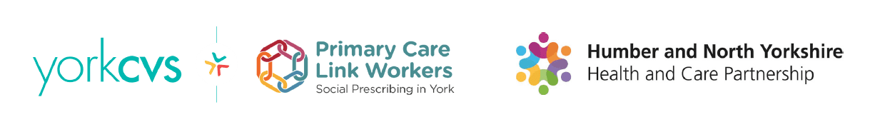 CVS SP & HNY Image of three logos for York CVS, Social Prescribing and Humber and North Yorkshire Care Partnership