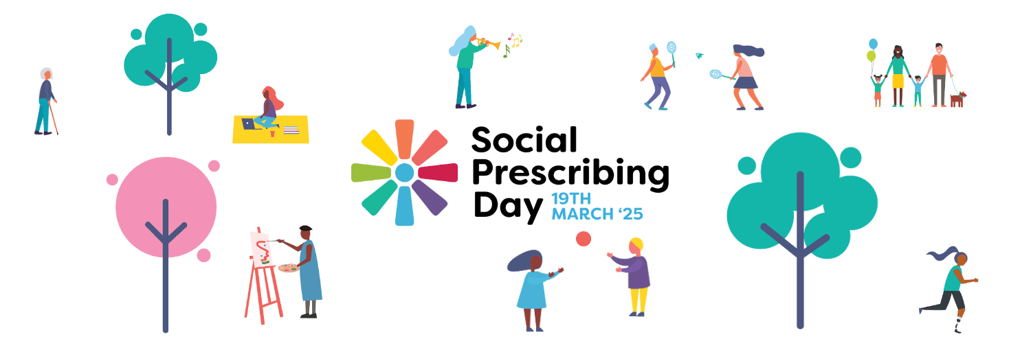 Twitter Header Illustrations of people and nature with the words Social Prescribing Day 19 March