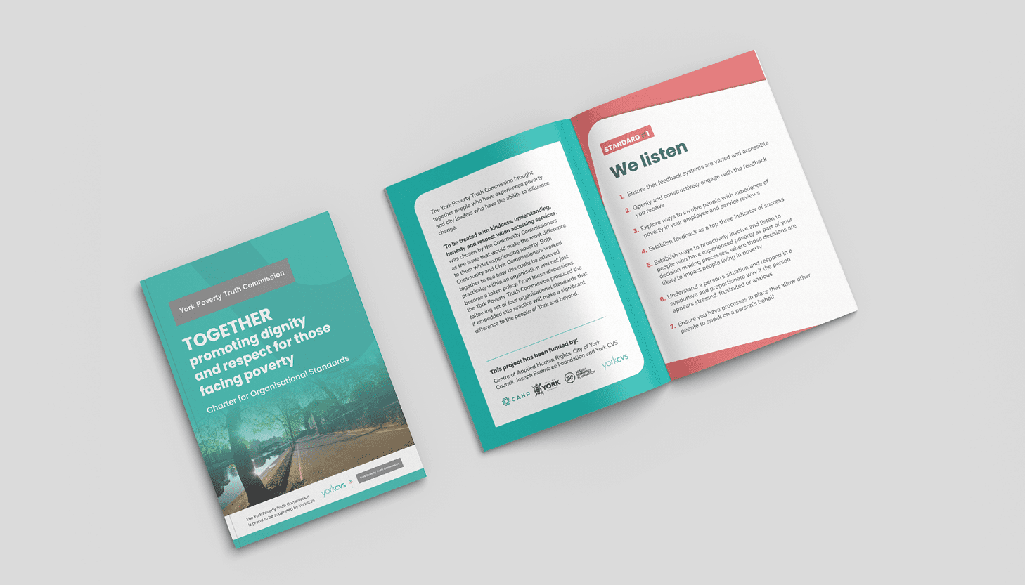 PTC Booklet and Poster Image shows a mock up of the Poverty Truth Commission Charter of organisational standards booklet