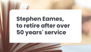 Image shows a book with open pages and the text reads: Stephen Eames, to retire after over 50 years' service
