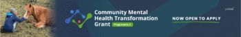 A website banner advertising the Community Mental Health Transformation Grant, programme two. Now open to apply. There is an image of a person stroking a horse.