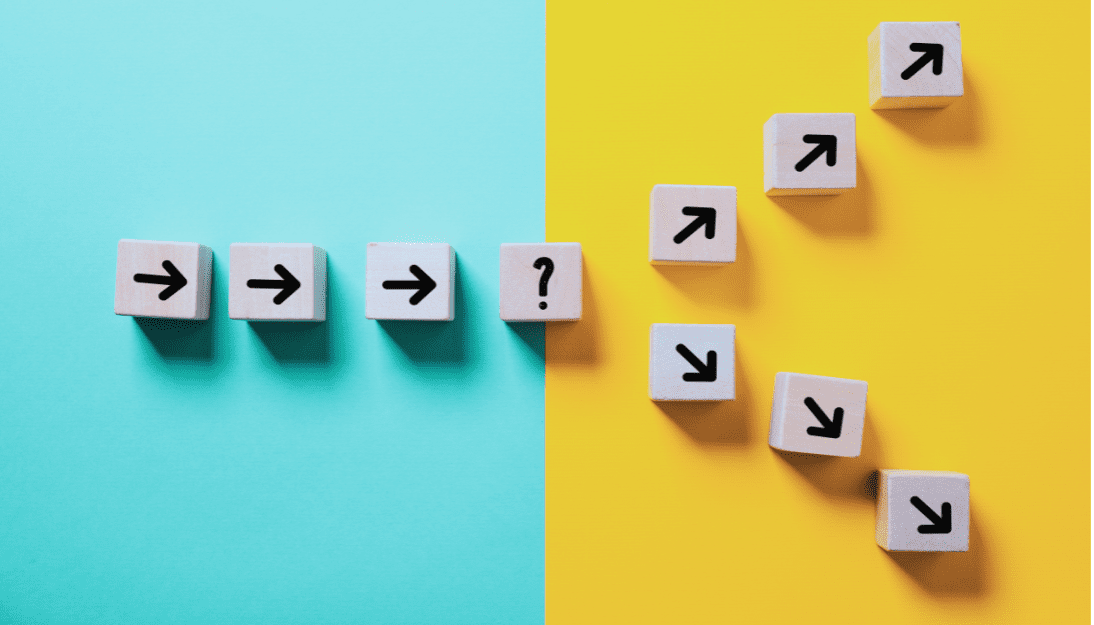 three blocks with arrows are pointed towards a block with a question mark. Then there are two move paths of blocks with arrows moving away from the question mark to signify help and assistance