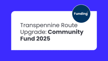 Text announcing the Transpennine Route Upgrade Community Fund for 2025 on a white card with a blue background and a circular Funding logo.