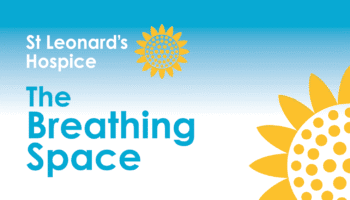 Logo of St Leonard's Hospice with the words 'The Breathing Space' in blue on a gradient blue and white background with yellow sunflower graphics.