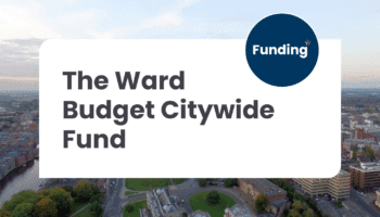 Aerial view of York with a white overlay announcing The Ward Budget Citywide Fund and a blue Funding logo.