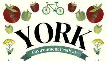 Illustration of the word 'YORK' with a green bicycle above and apples and yellow flowers surrounding it, promoting York environment festival.