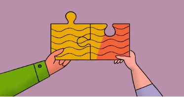 Two hands holding and connecting two puzzle pieces, one yellow and one orange, against a purple background.