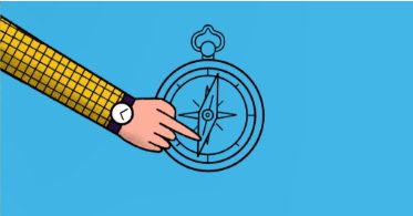 Hand wearing a watch points at the north direction on a black compass against a blue background.