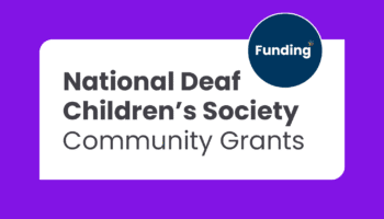 Logo for National Deaf Children's Society Community Grants on a purple background with a blue circle labeled Funding.