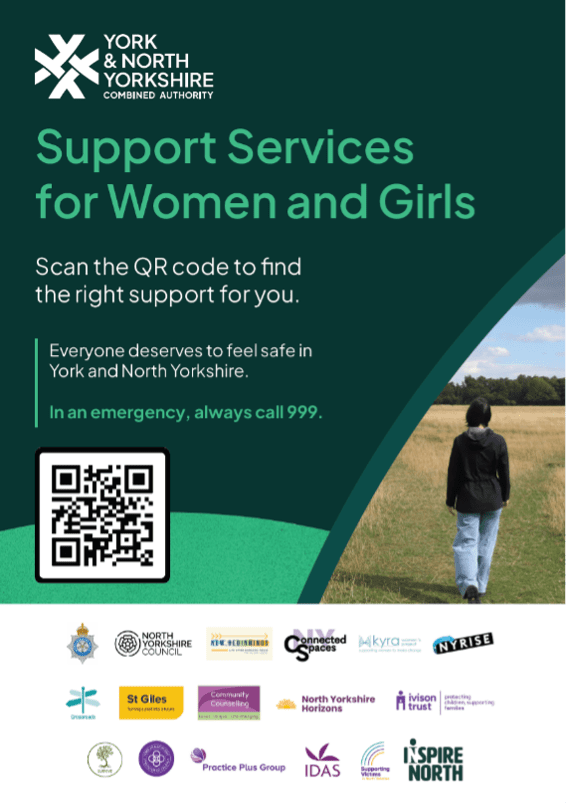 Support Services for Women and Girls Poster from York & North Yorkshire Combined Authority offering support services for women and girls with a QR code to access help and emergency advice to call 999.