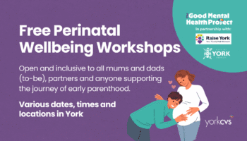 Illustration of a pregnant woman and partner with text about free perinatal wellbeing workshops in York supporting early parenthood.