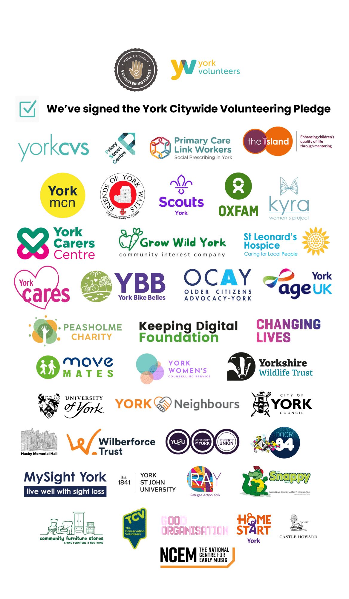 YCVP Website Graphic A collection of logos from organisation who have signed the York Citywide Volunteering Pledge