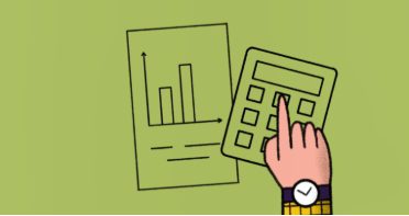 Hand wearing a watch pressing buttons on a calculator next to a paper with a bar graph and data lines on a green background.