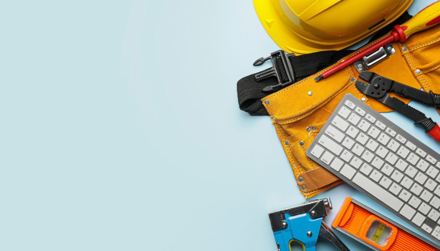Yellow construction helmet and leather tool belt holding pliers, wire cutters, and a screwdriver on a light blue background.