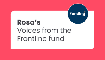 Text card reading 'Rosa’s Voices from the Frontline fund' on a white background with a pink border and a blue circle labeled 'Funding'.