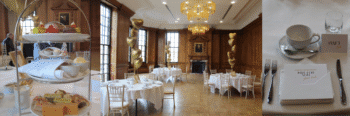 A collection of images from a celebration afternoon tea at the Grand, York. There is a three tier cake stand, a large historic room and a closeup of a letter.