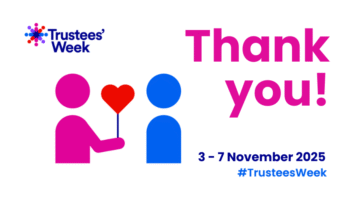 Graphic showing a pink figure giving a red heart on a stick to a blue figure, with 'Thank you!' and Trustees' Week dates November 3-7, 2025.