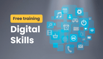Free training offer for enhancing digital skills with various technology and communication icons on a blue background.