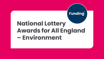 A bright pink background with a large white rounded rectangle containing the heading “National Lottery Awards for All England – Environment” in bold grey text. In the top right corner, a dark blue circular badge featuring the York CVS multicolour mark displays the word “Funding” in white.