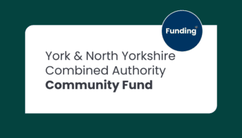A graphic with a dark teal background showing a white rounded rectangle. Inside it reads “York & North Yorkshire Combined Authority Community Fund” in dark grey text. In the top-right corner sits a circular navy-blue badge with the word “Funding” in white.