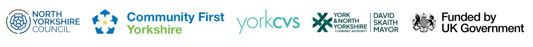 A collection of partner and funder logos for the Digital Inclusion project. The logos are North Yorkshire Council, Community First Yorkshire, York CVS, York and North Yorkshire Combined Authority and City of York Council