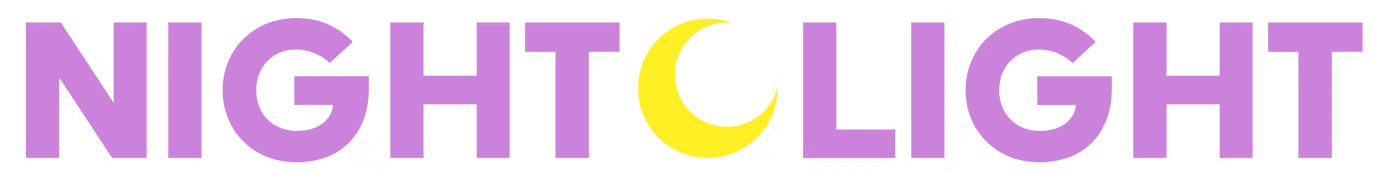 Night Light Theatre logo with the words “Night Light” in purple capital letters and a yellow crescent moon.
