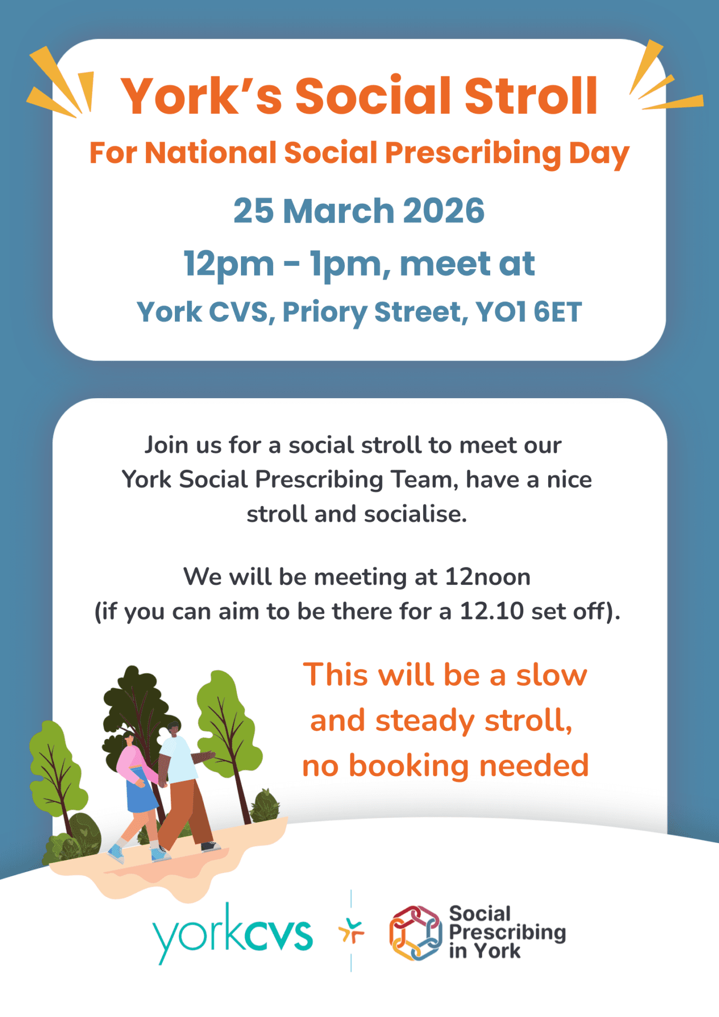 Join us for a social stroll to meet our<br />
York Social Prescribing Team, have a nice stroll and socialise.</p>
<p>We will be meeting at 12noon<br />
(if you can aim to be there for a 12.10 set off)