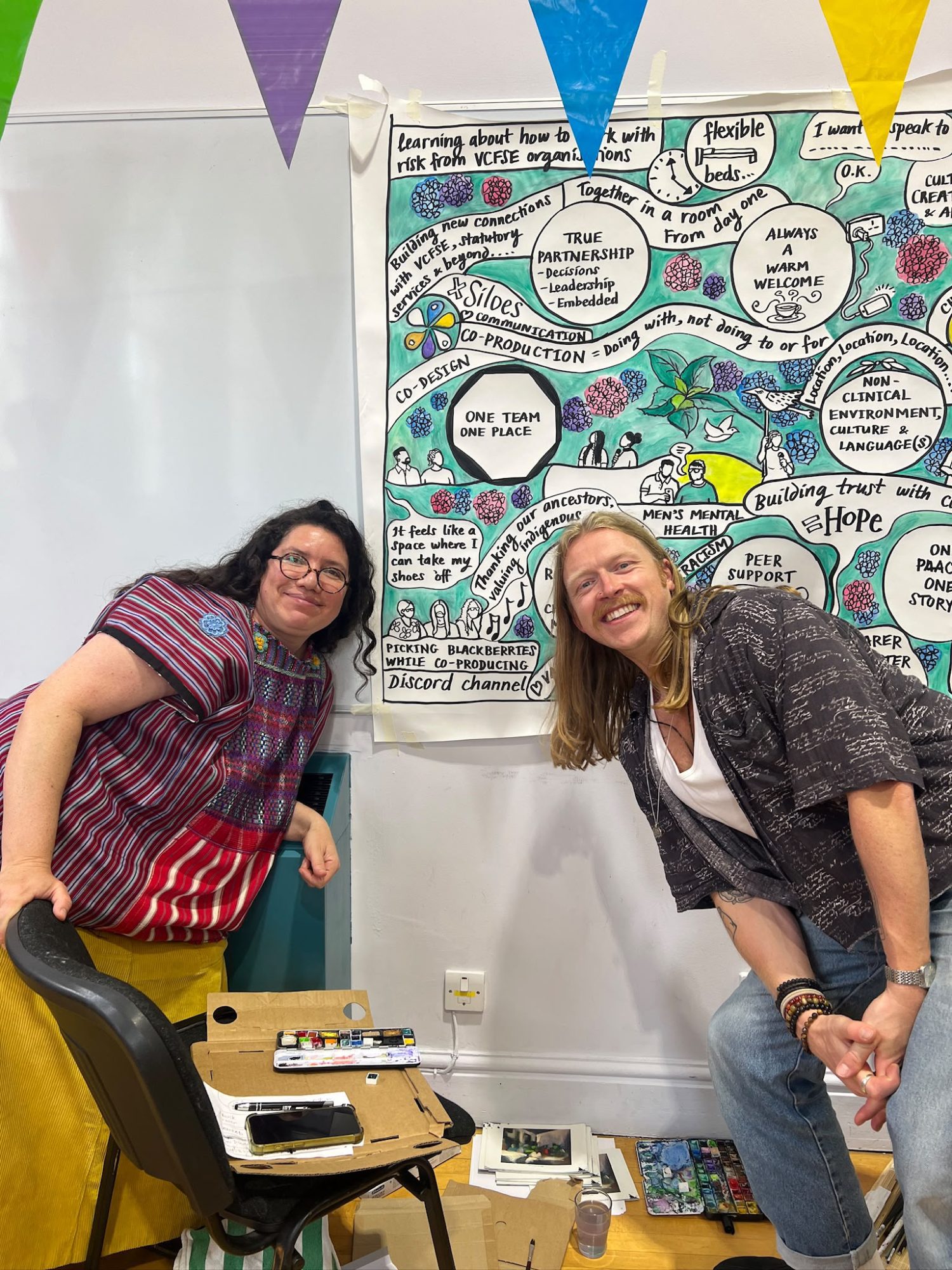 Two white people facing the camera, stood in front of a wall with a colourful poster on it. On the right is Ben, a man with long dark blonde hair and a dark grey open short-sleeved shirt on. On the left in Jos, a woman who has long dark hair and is wearing glasses and a red and white stripy top. They are both smiling.