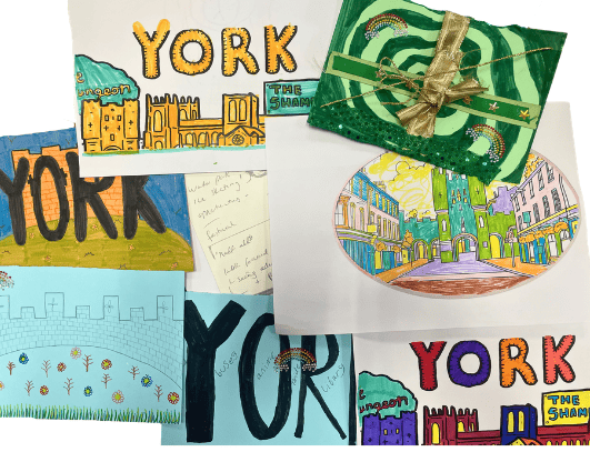 A selection of hand drawn postcards made by the young poeple showing what York means to them